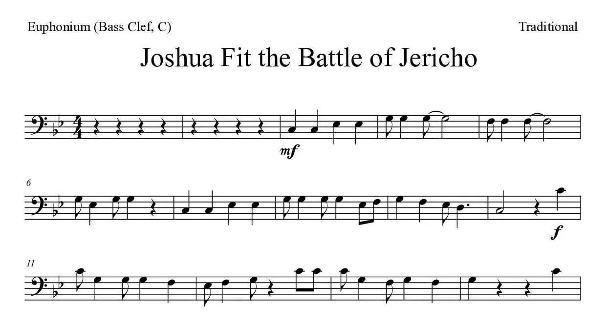 Partition de Joshua Fit the Battle of Jericho pour euphonium (clé de fa, do), premières lignes