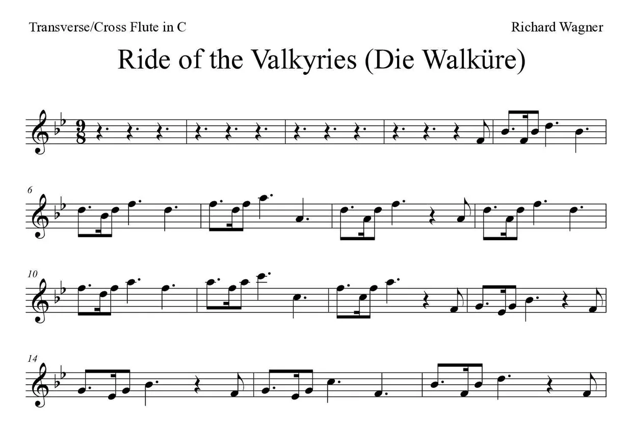 「Ride of the Valkyries (Die Walküre)」Flute用楽譜の最初の数段