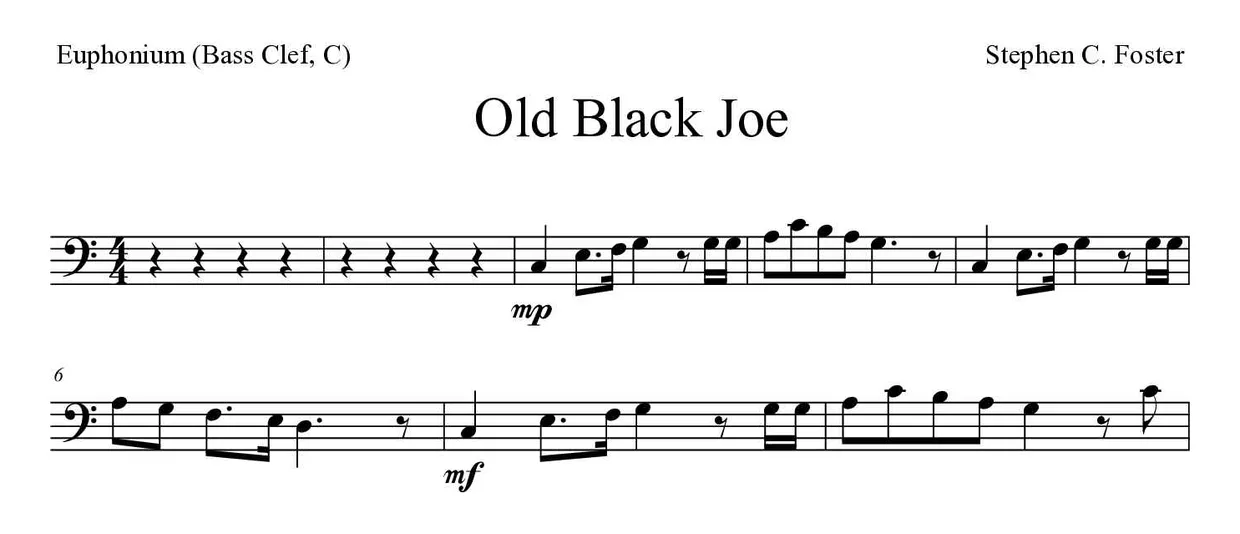 「Old Black Joe」Euphonium (Bass Clef, C)用楽譜の最初の数段