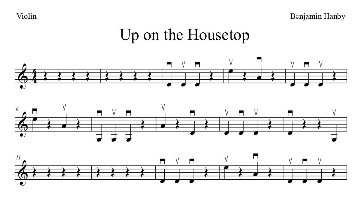 ‘Up on the Housetop’ Violin 악보의 첫 몇 줄