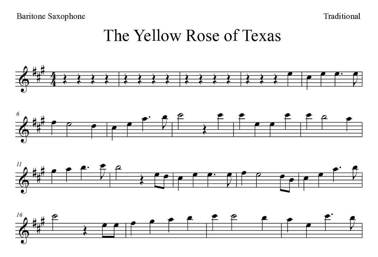 Partitura de The Yellow Rose of Texas para saxofone barítono, primeiras linhas