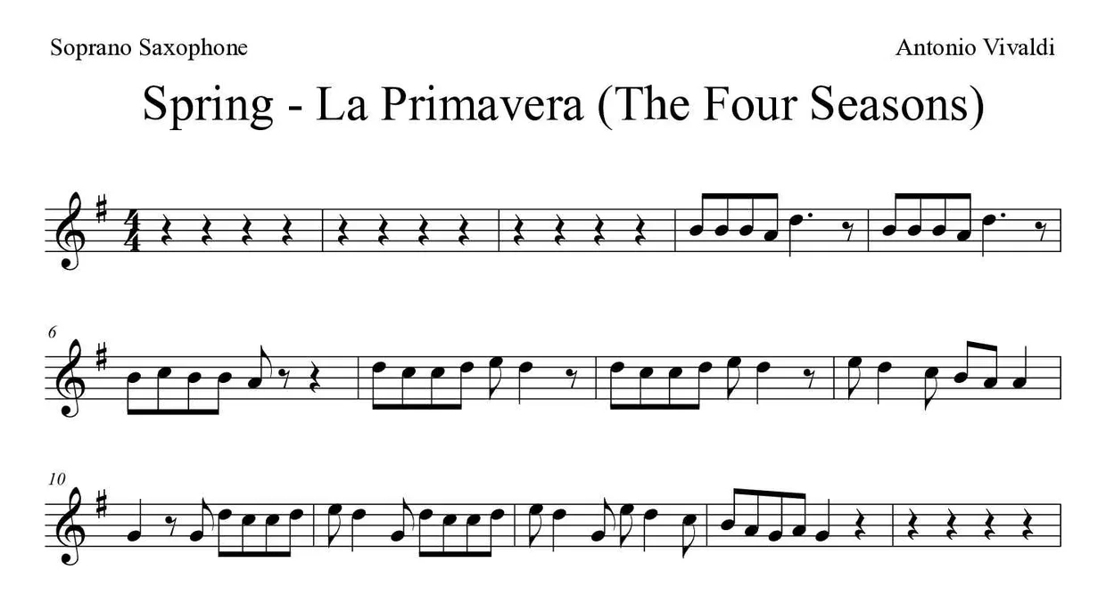 Partitura de Spring - La Primavera (The Four Seasons) para saxofone soprano, primeiras linhas