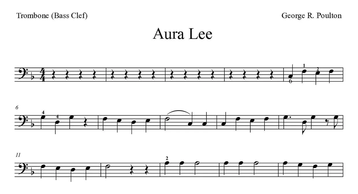 「Aura Lee」Trombone用楽譜の最初の数段