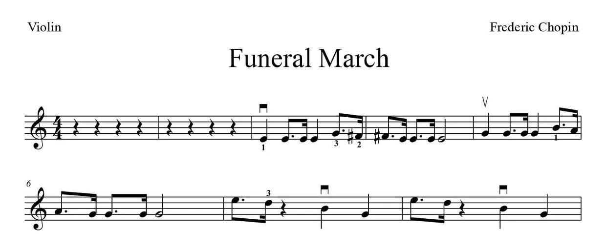 Sheet music of Funeral March for violin (Medium), first lines