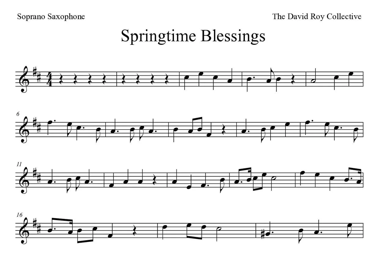 Sheet music of Springtime Blessings for soprano saxophone (Medium), first lines