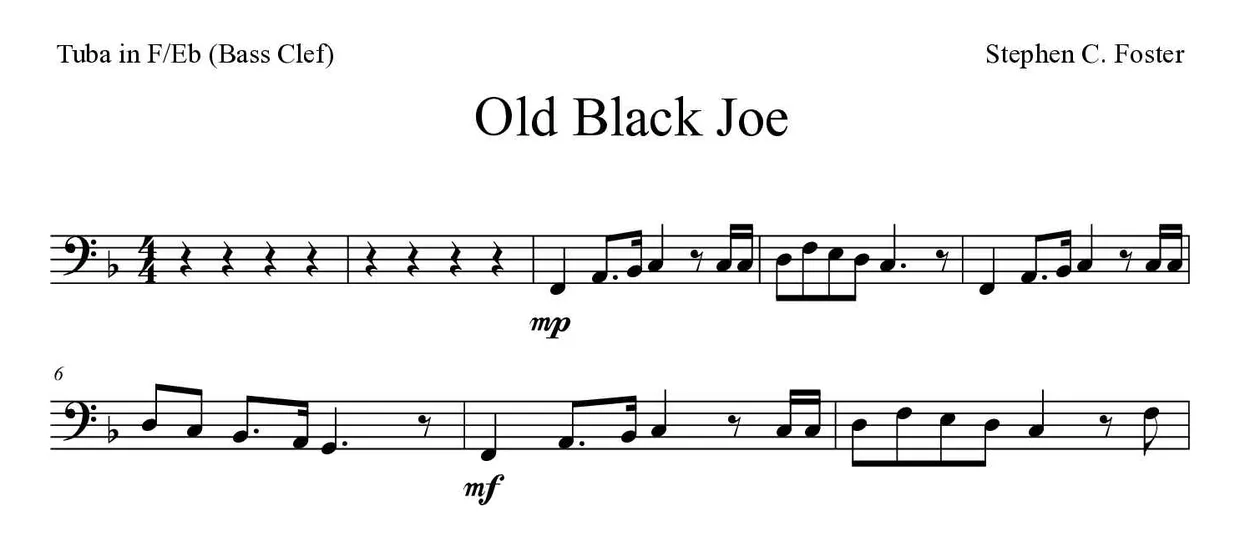 Sheet music of Old Black Joe for tuba in F/Eb (bass clef) (Medium), first lines