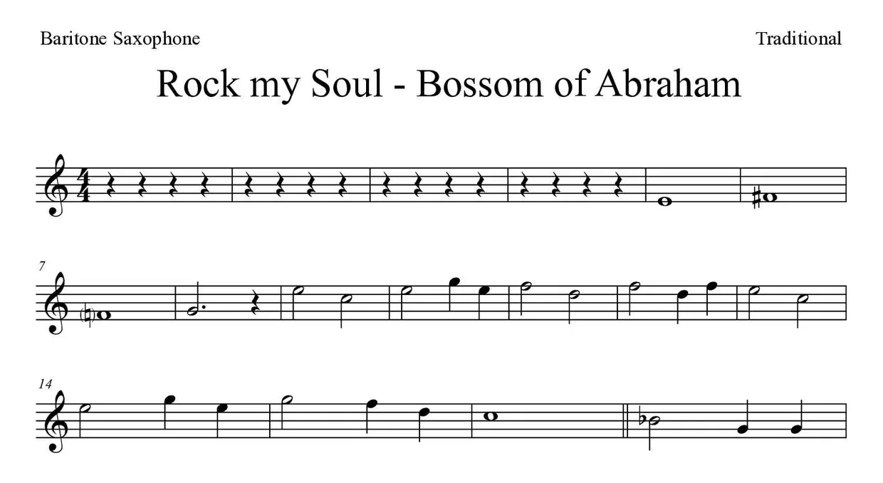 「Rock my Soul - Bossom of Abraham」Baritone Saxophone用楽譜の最初の数段