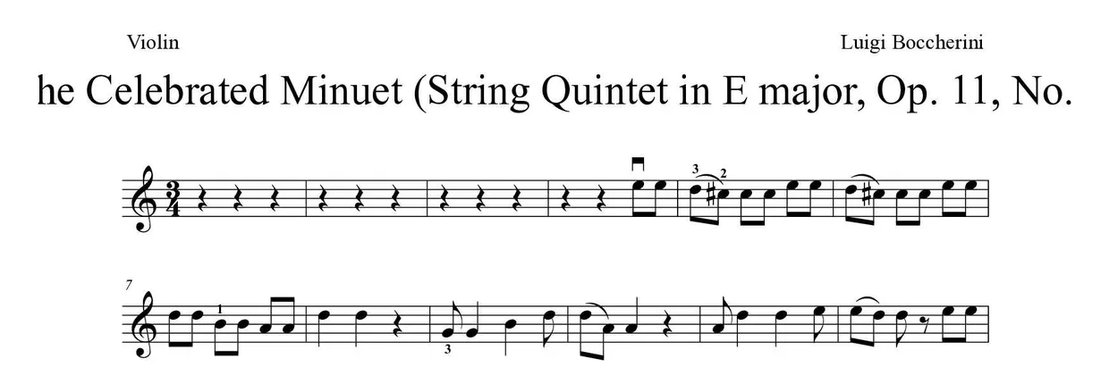 Sheet music of The Celebrated Minuet (String Quintet in E major, Op. 11, No. 5) for violin (Medium), first lines