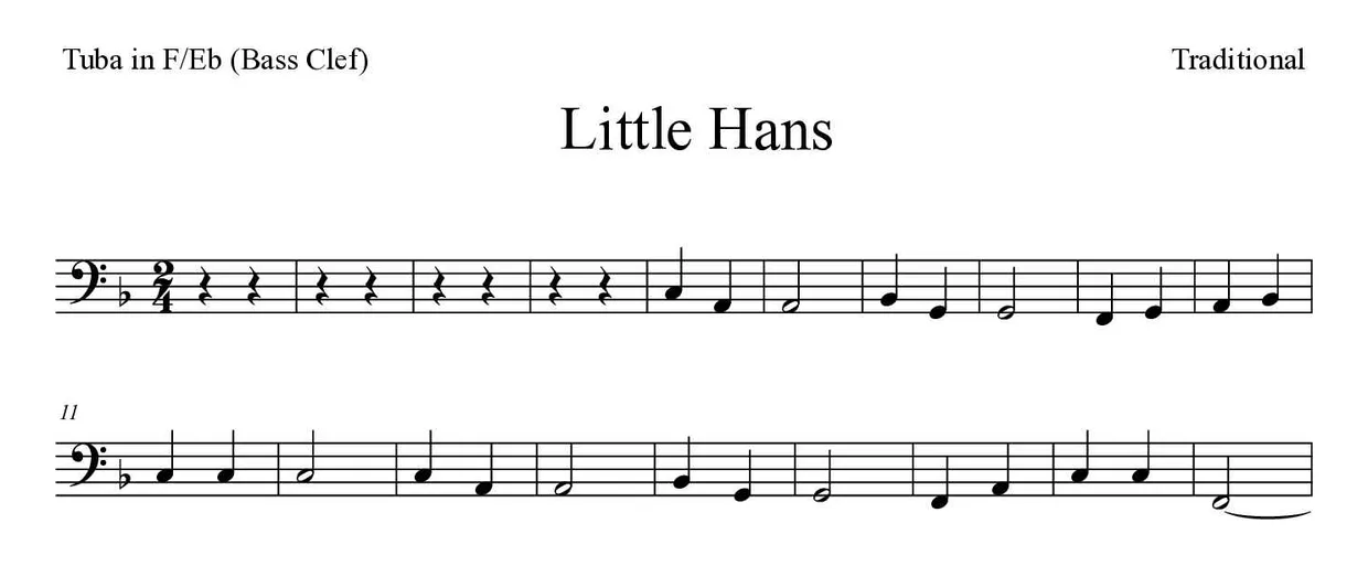 Partitura de Little Hans para tuba em Fá/Mib (clave de Fa), primeiras linhas