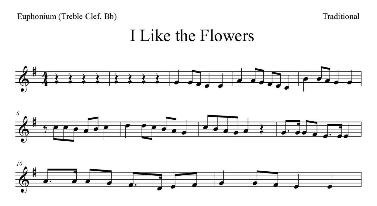 Sheet music of I Like the Flowers for euphonium (treble clef, Bb) (Medium), first lines