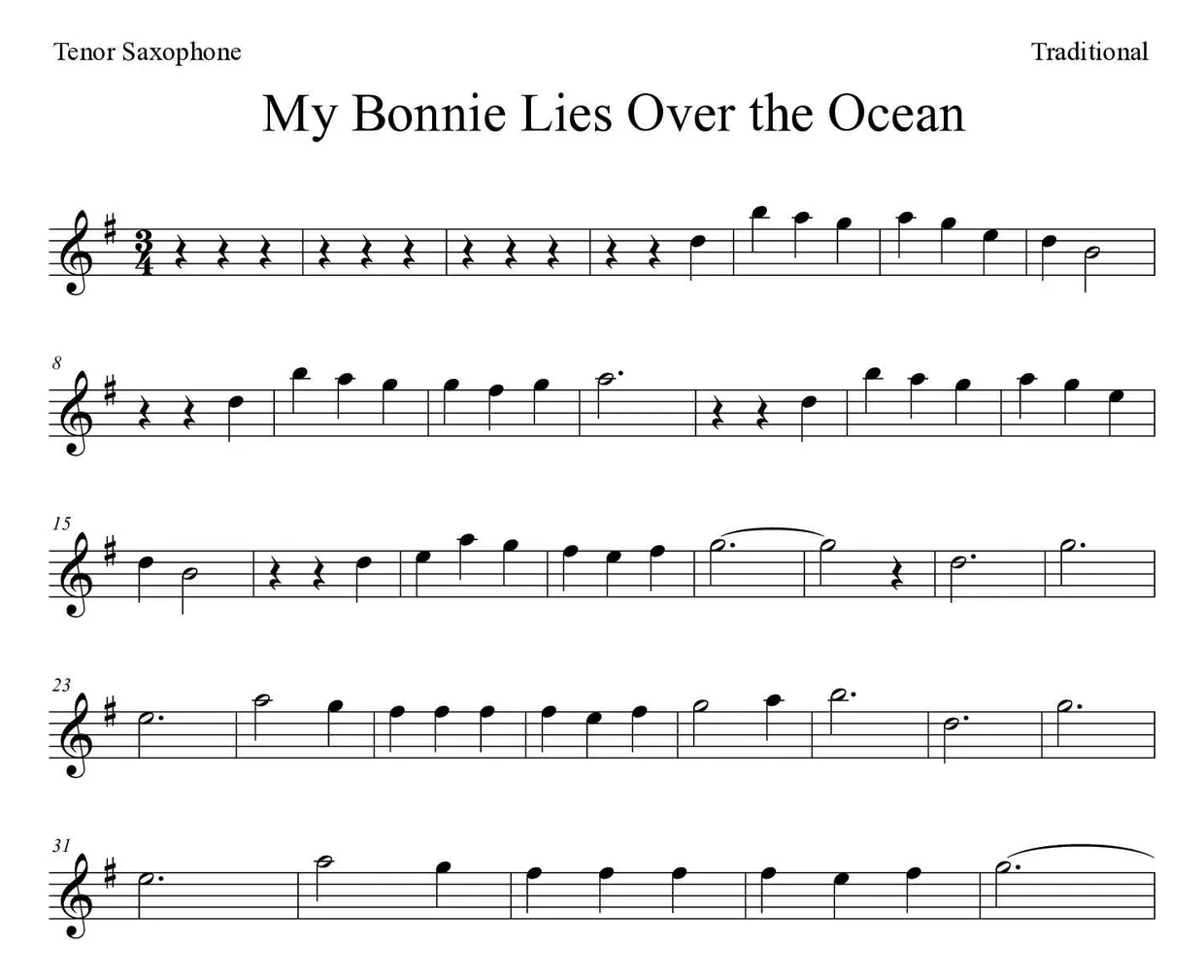‘My Bonnie Lies Over the Ocean’ Tenor Saxophone 악보의 첫 몇 줄