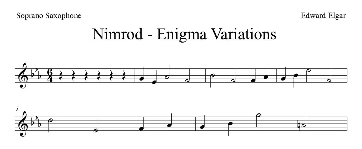 「Nimrod - Enigma Variations」Soprano Saxophone用楽譜の最初の数段