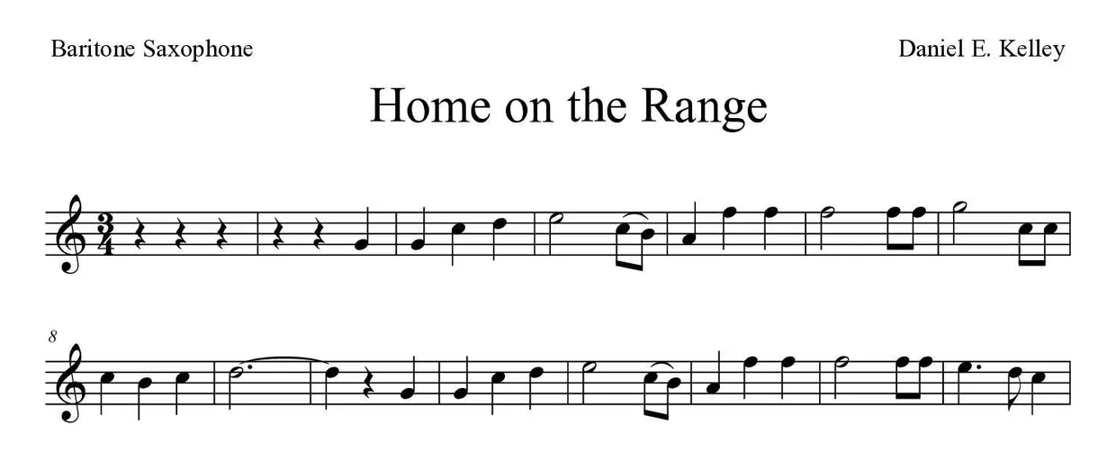 「Home on the Range」Baritone Saxophone用楽譜の最初の数段