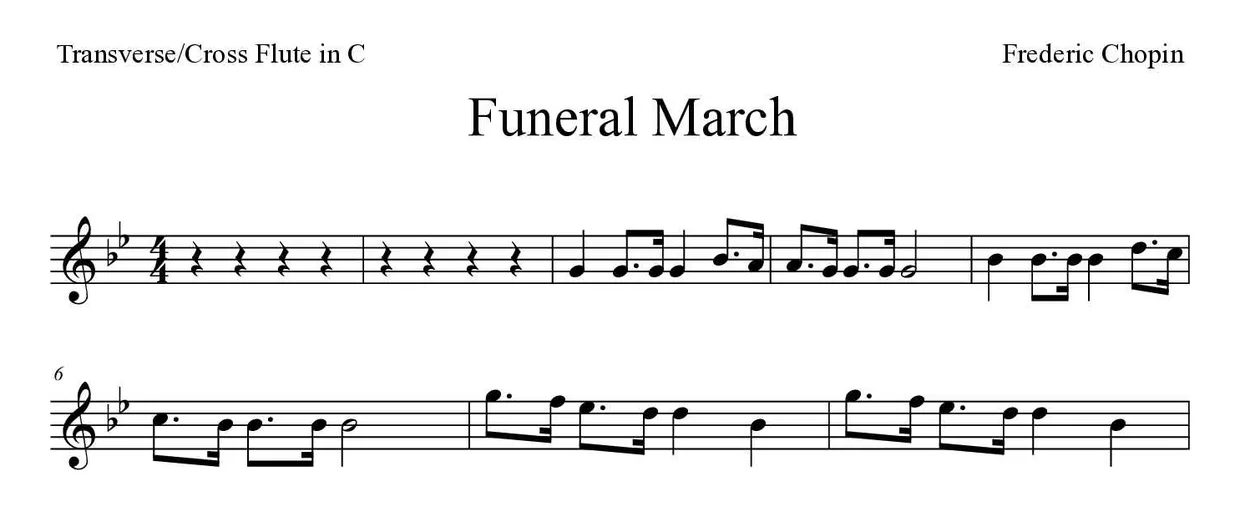 Sheet music of Funeral March for flute (Medium), first lines
