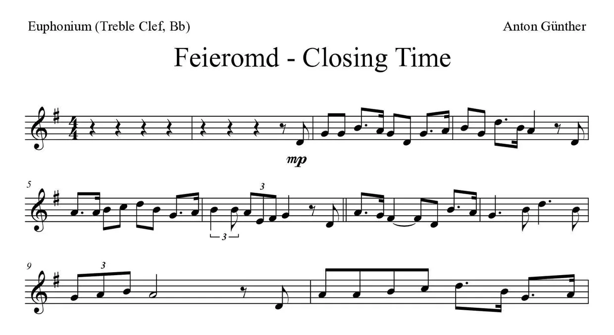 Partition de Feieromd - Closing Time pour euphonium (clé de sol, si bémol), premières lignes