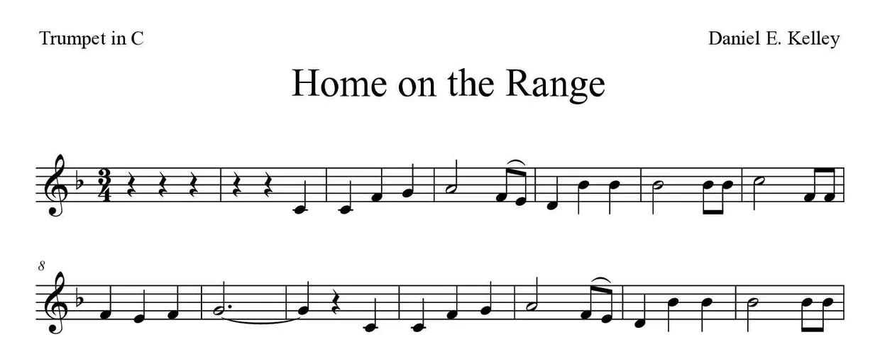 Bladmuziek van Home on the Range voor trumpet in C, eerste regels