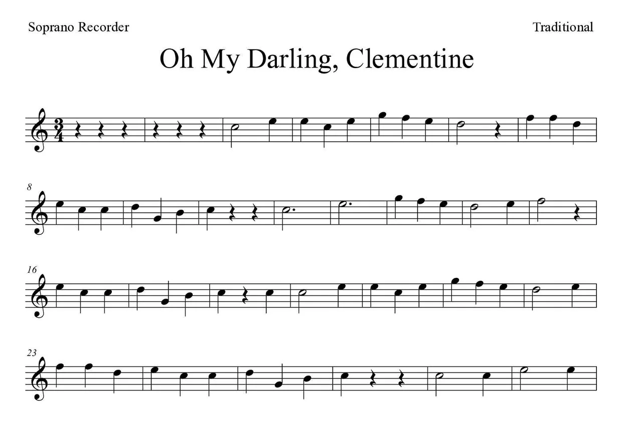 Noten von Oh My Darling, Clementine für Blockflöte (Einfach), erste Zeilen