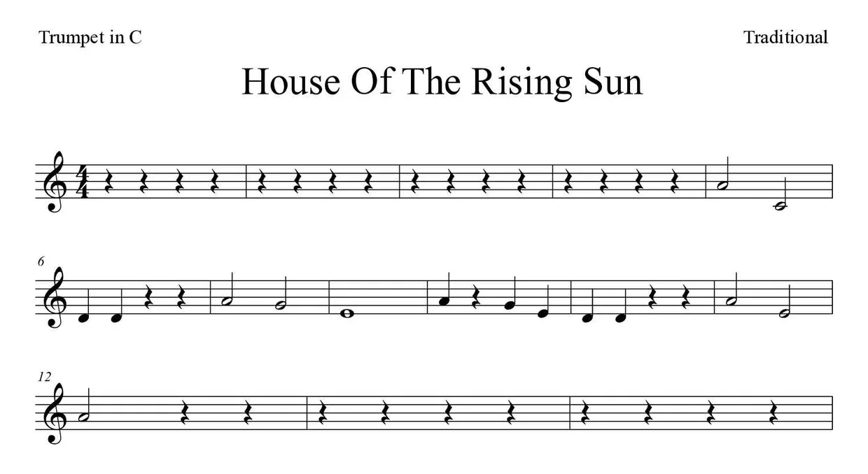 Sheet music of House Of The Rising Sun for trumpet in C (Easy), first lines