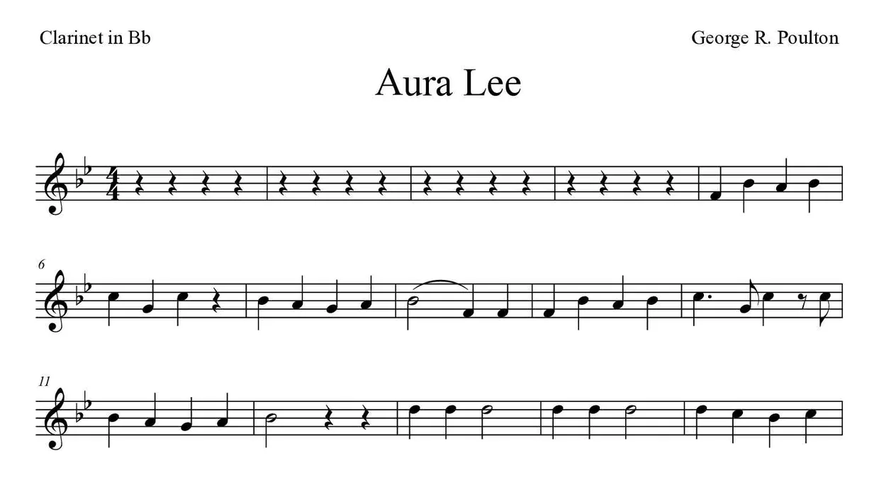 ‘Aura Lee’ Clarinet 악보의 첫 몇 줄