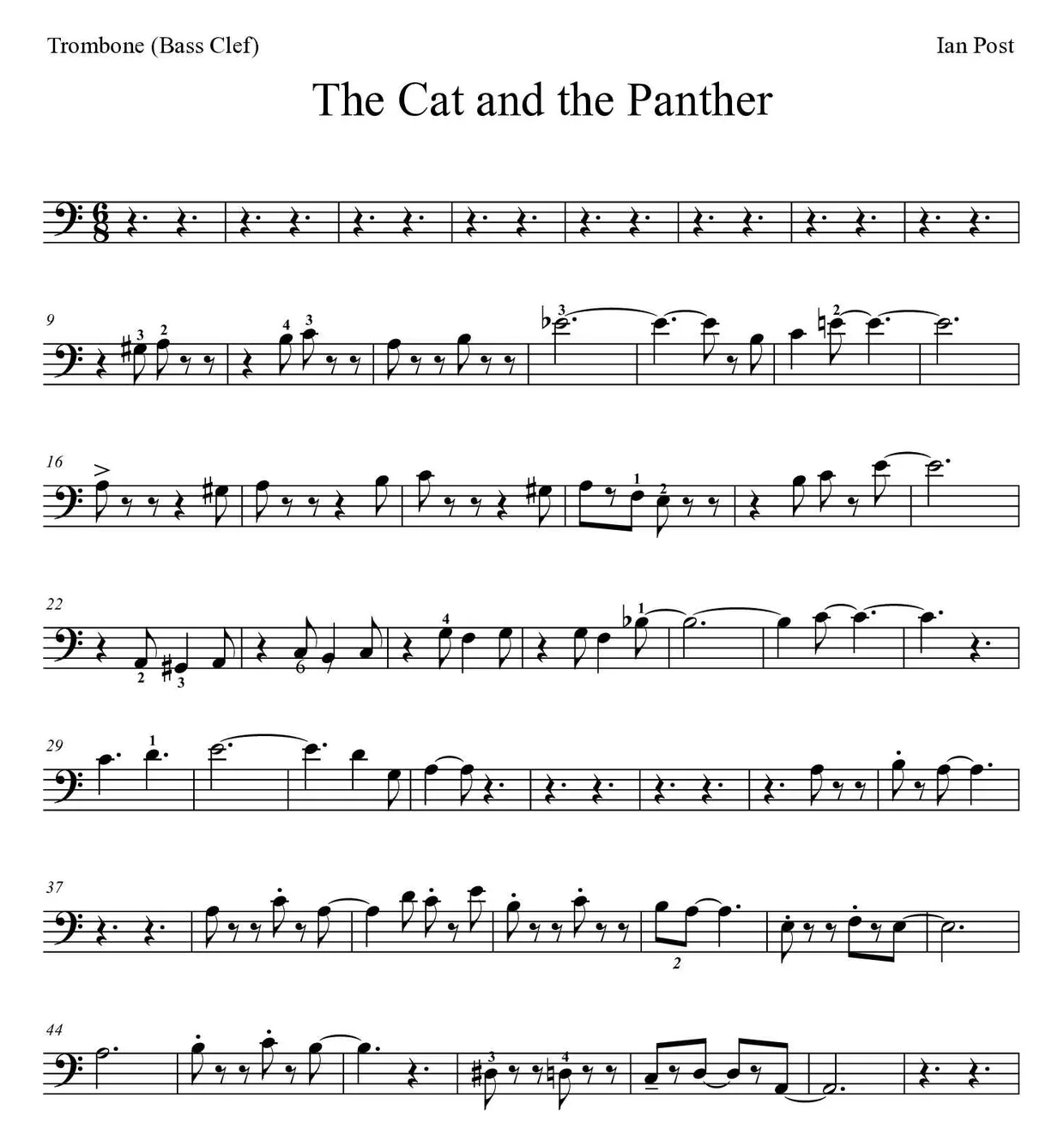 Sheet music of The Cat and the Panther for trombone (Expert), first lines