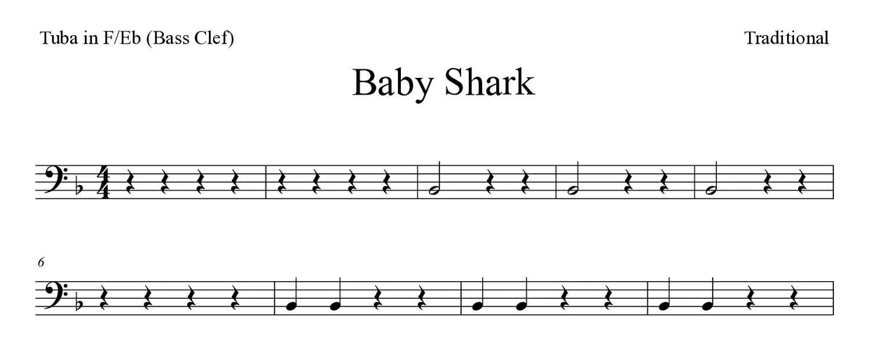 Partitura de Baby Shark para tuba en Fa/Mib (clave de Fa), primeras líneas