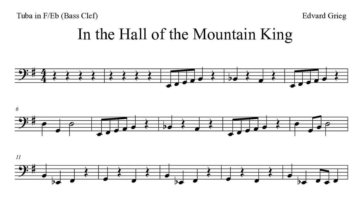 Noten von In der Halle des Bergkönigs für Tuba in F/Es (Bassschlüssel) (Mittel), erste Zeilen