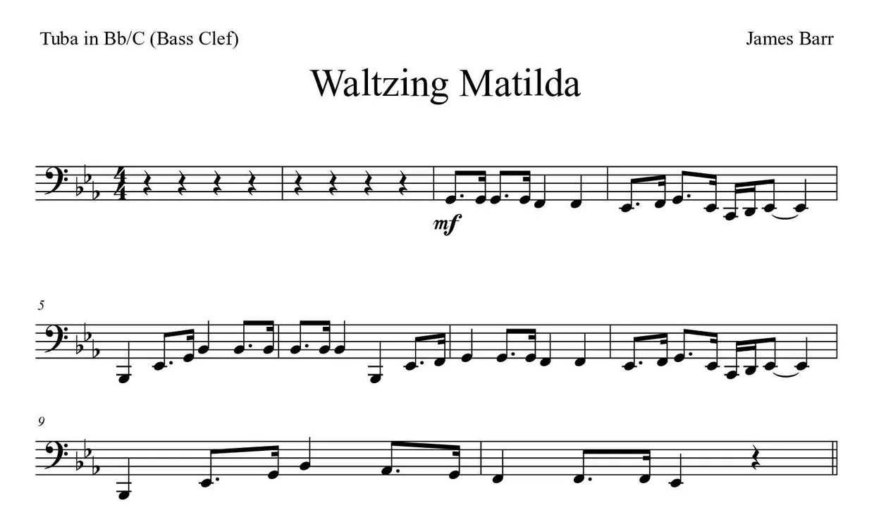 Noten von Waltzing Matilda für Tuba in B/C (Bassschlüssel) (Schwer), erste Zeilen