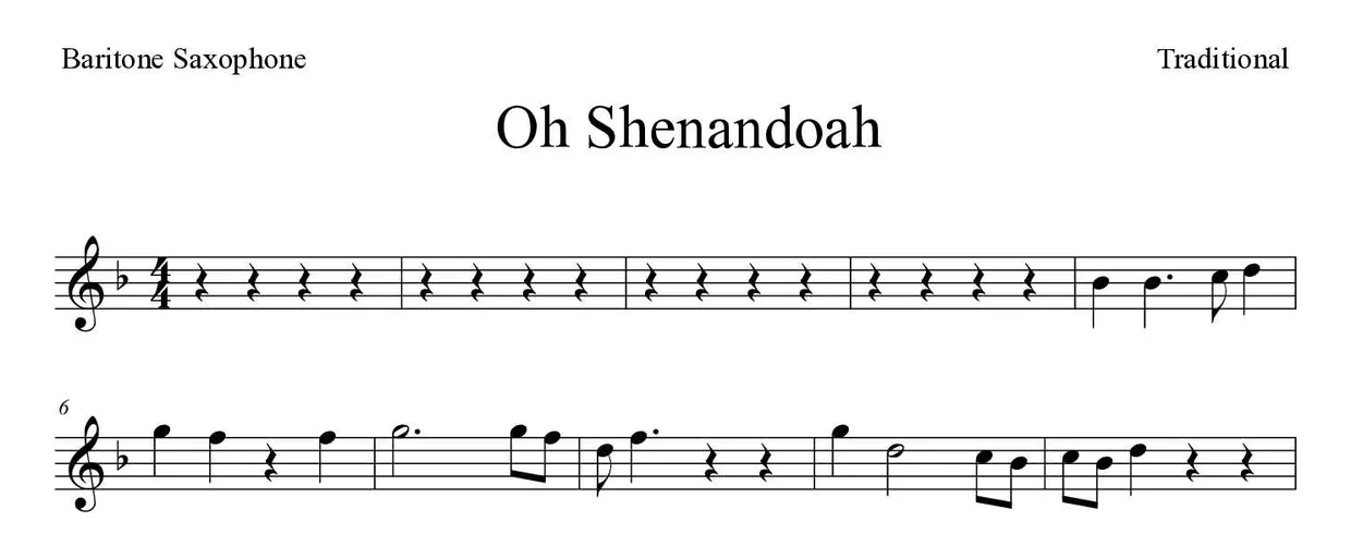 Partition de Oh Shenandoah pour saxophone baryton, premières lignes