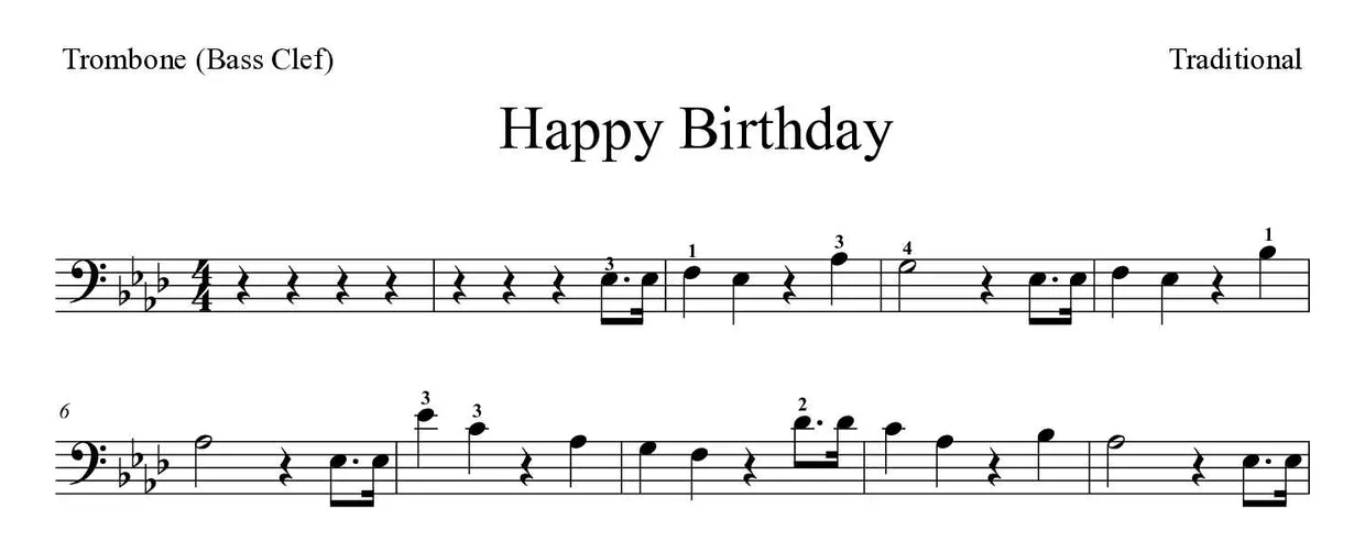 Partition de Happy Birthday pour trombone, premières lignes