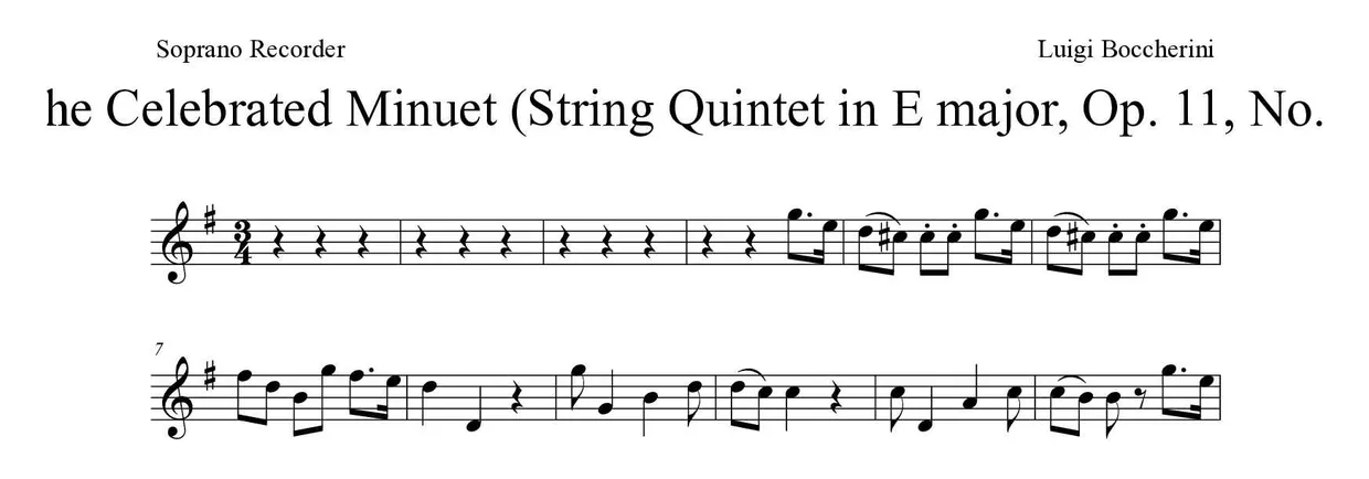Partitura de The Celebrated Minuet (String Quintet in E major, Op. 11, No. 5) para flauta de bisel, primeiras linhas
