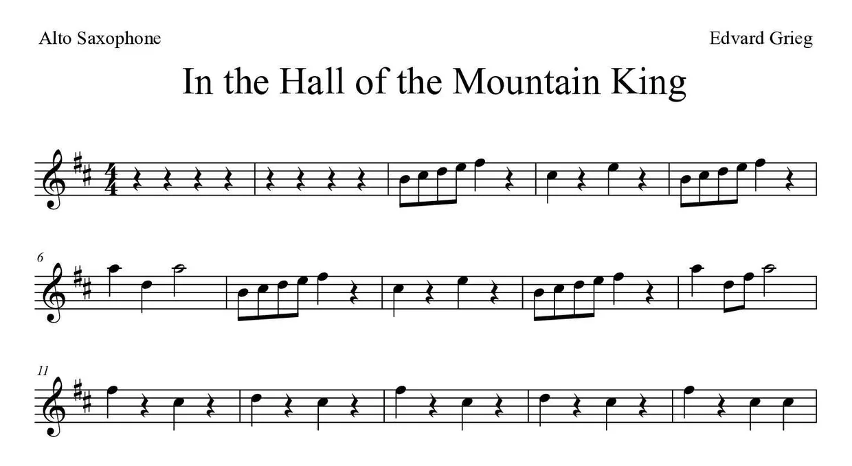 Sheet music of In the Hall of the Mountain King for alto saxophone (Medium), first lines