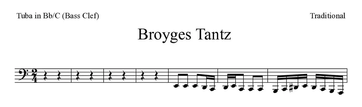 Partitura de Broyges Tantz para tuba en Sib/Do (clave de Fa), primeras líneas
