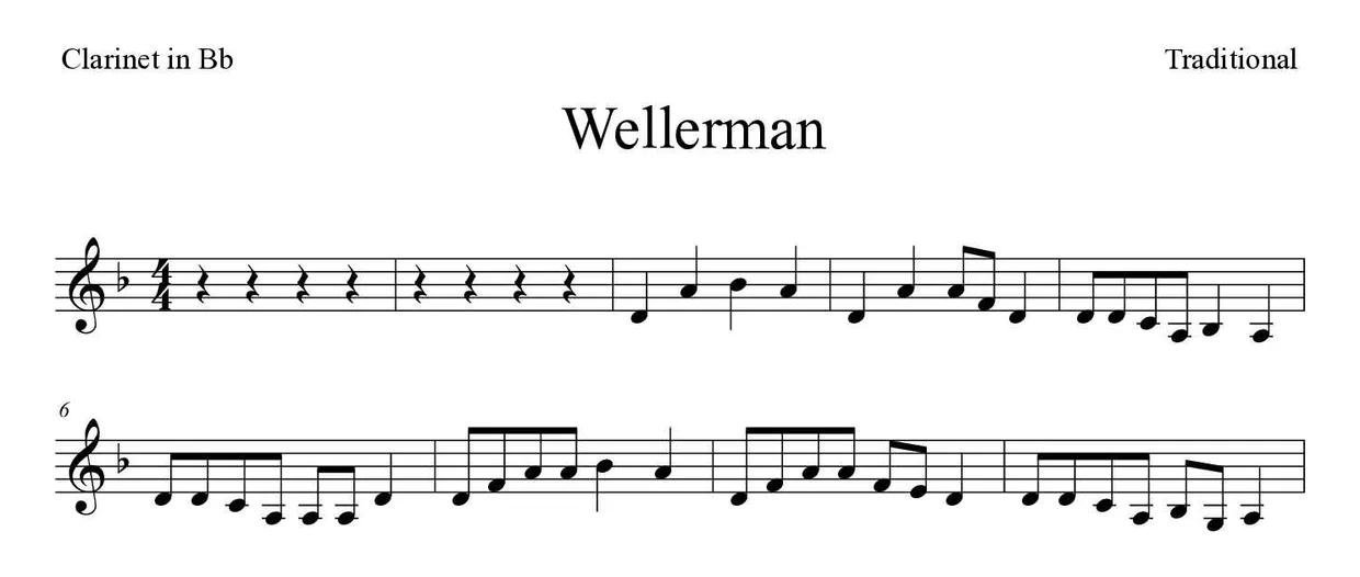 Noten von Wellerman für Klarinette (Einfach), erste Zeilen