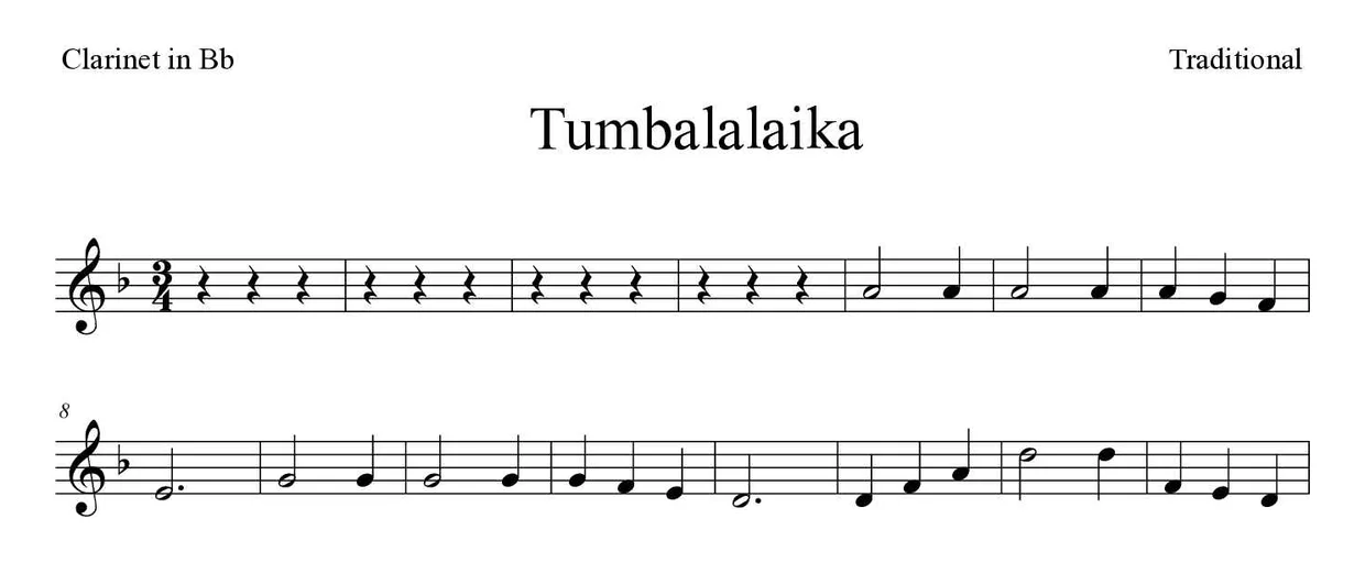 Partition de Tumbalalaika pour clarinette, premières lignes