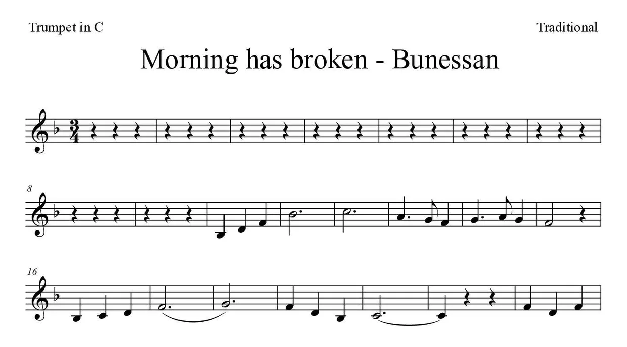 ‘Morning has broken - Bunessan’ Trumpet in C 악보의 첫 몇 줄