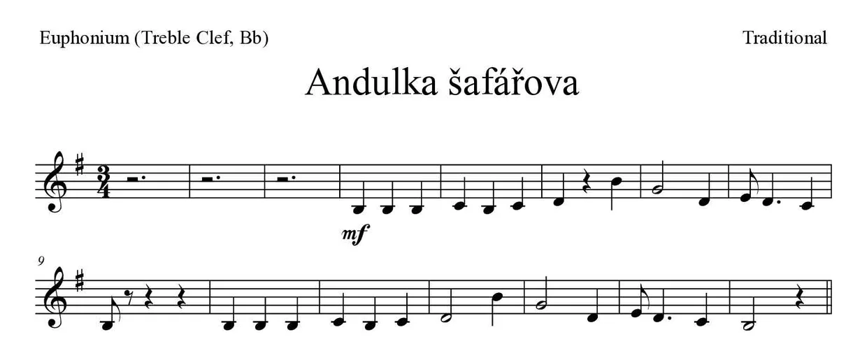 Partitura de Andulka šafářova para eufónio (clave de Sol, Sib), primeiras linhas