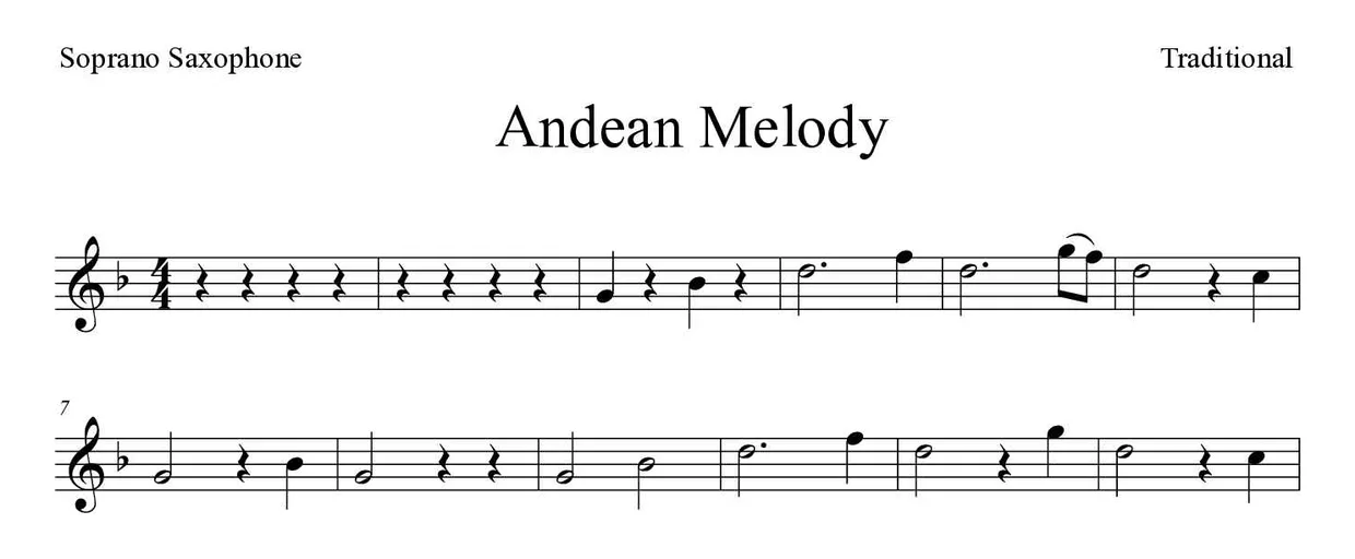 Partitura de Andean Melody para saxofone soprano, primeiras linhas