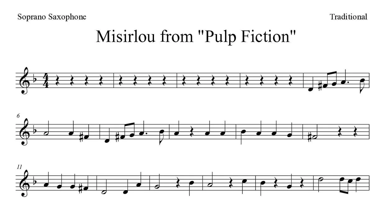 Partitura de Misirlou from "Pulp Fiction" para saxofone soprano, primeiras linhas