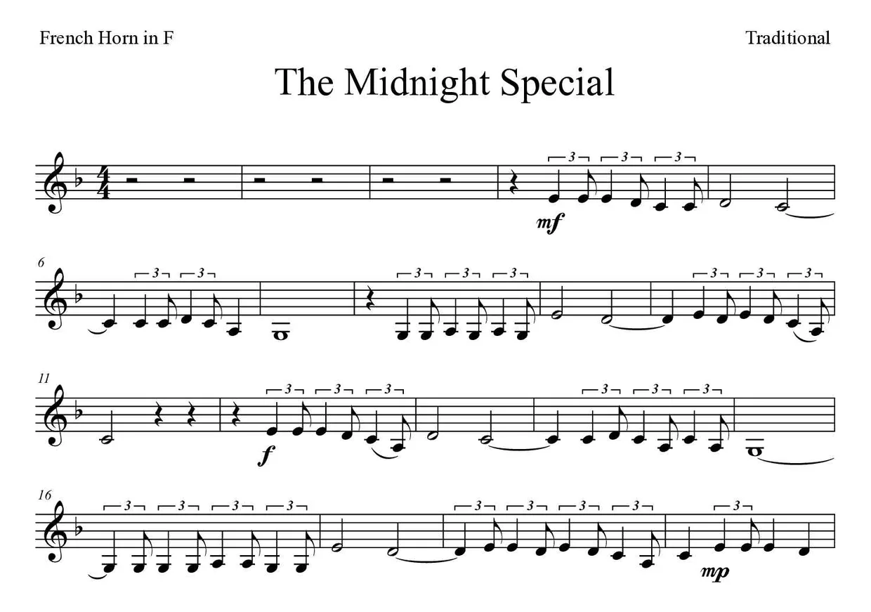 ‘The Midnight Special’ French Horn 악보의 첫 몇 줄