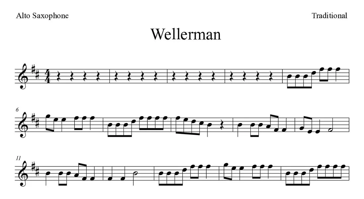 Partition de Wellerman pour saxophone alto, premières lignes
