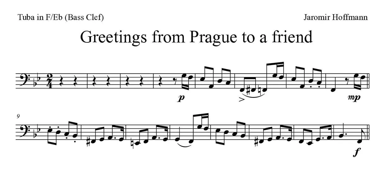 Spartito di Greetings from Prague to a friend per tuba in F/Eb (bass clef), prime righe
