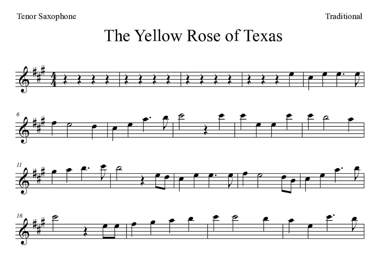 Partition de The Yellow Rose of Texas pour saxophone ténor, premières lignes