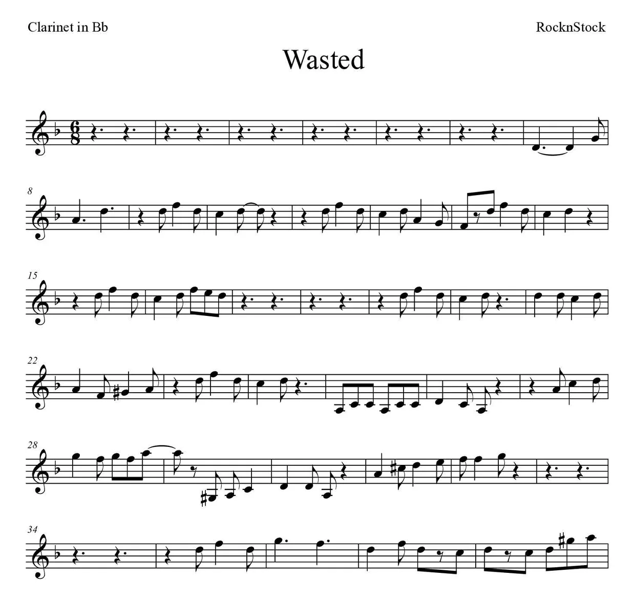 ‘Wasted’ Clarinet 악보의 첫 몇 줄