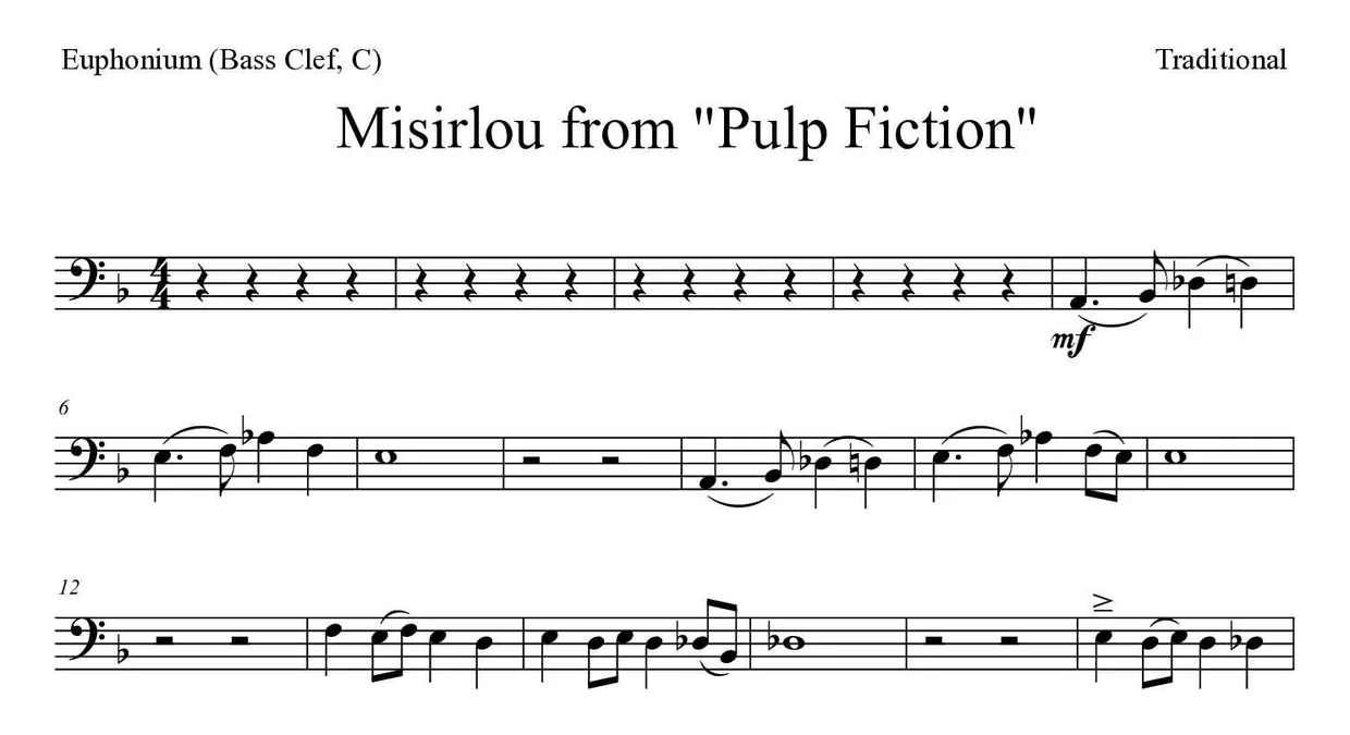 Partitura de Misirlou from "Pulp Fiction" para eufónio (clave de Fa, C), primeiras linhas