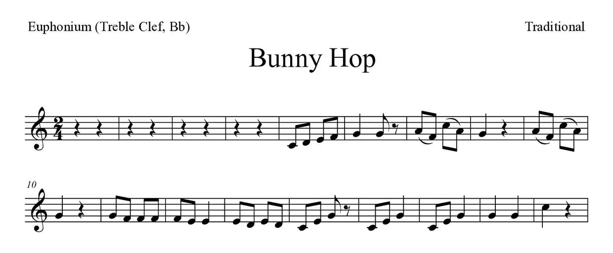 Partitura de Bunny Hop para bombardino (clave de Sol, Sib), primeras líneas