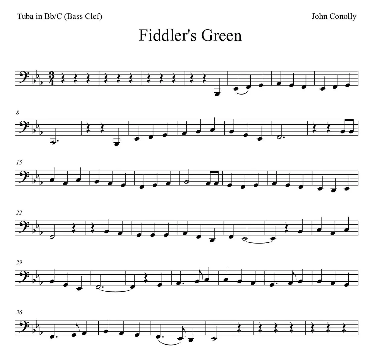 ‘Fiddler's Green’ Tuba in Bb/C (Bass Clef) 악보의 첫 몇 줄