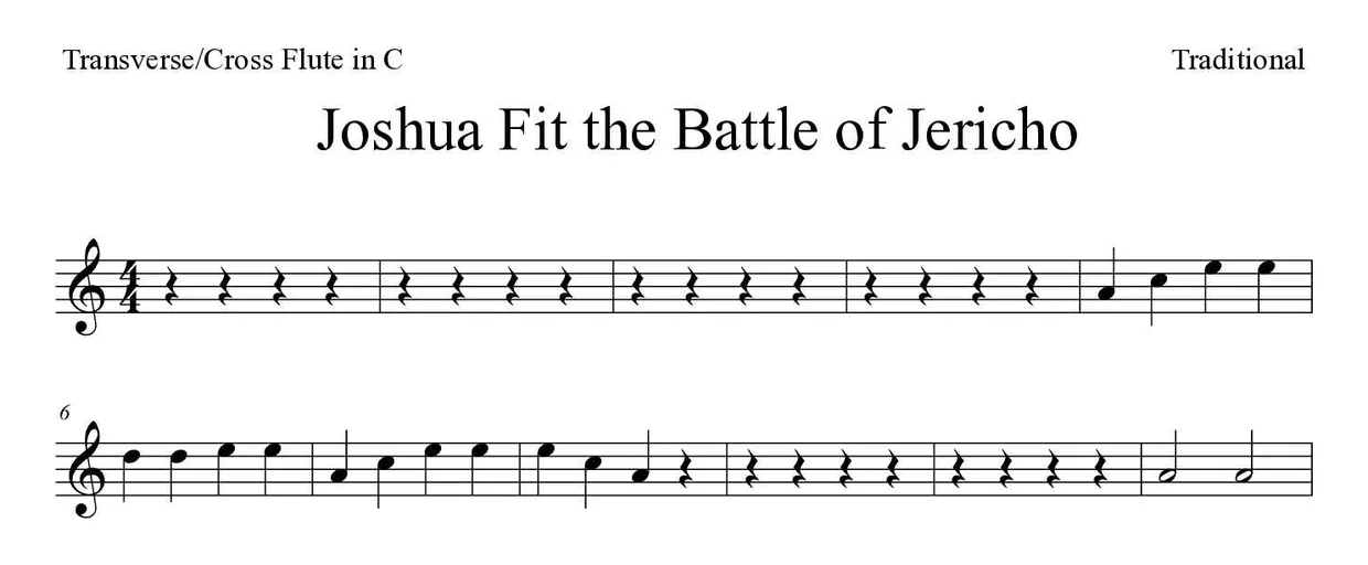 ‘Joshua Fit the Battle of Jericho’ Flute 악보의 첫 몇 줄