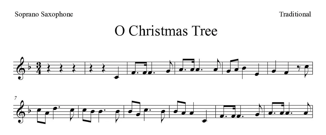 Noten von O Tannenbaum für Sopransaxophon (Mittel), erste Zeilen