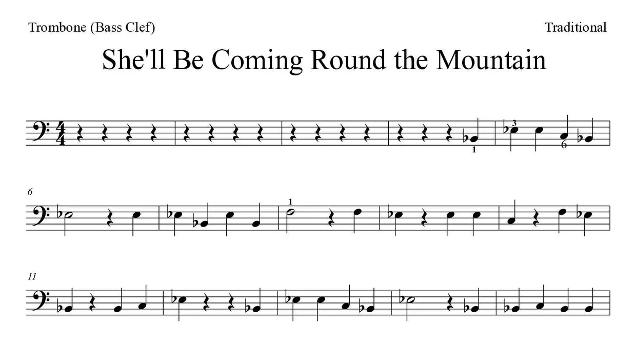 Partitura de She'll Be Coming Round the Mountain para trombone, primeiras linhas