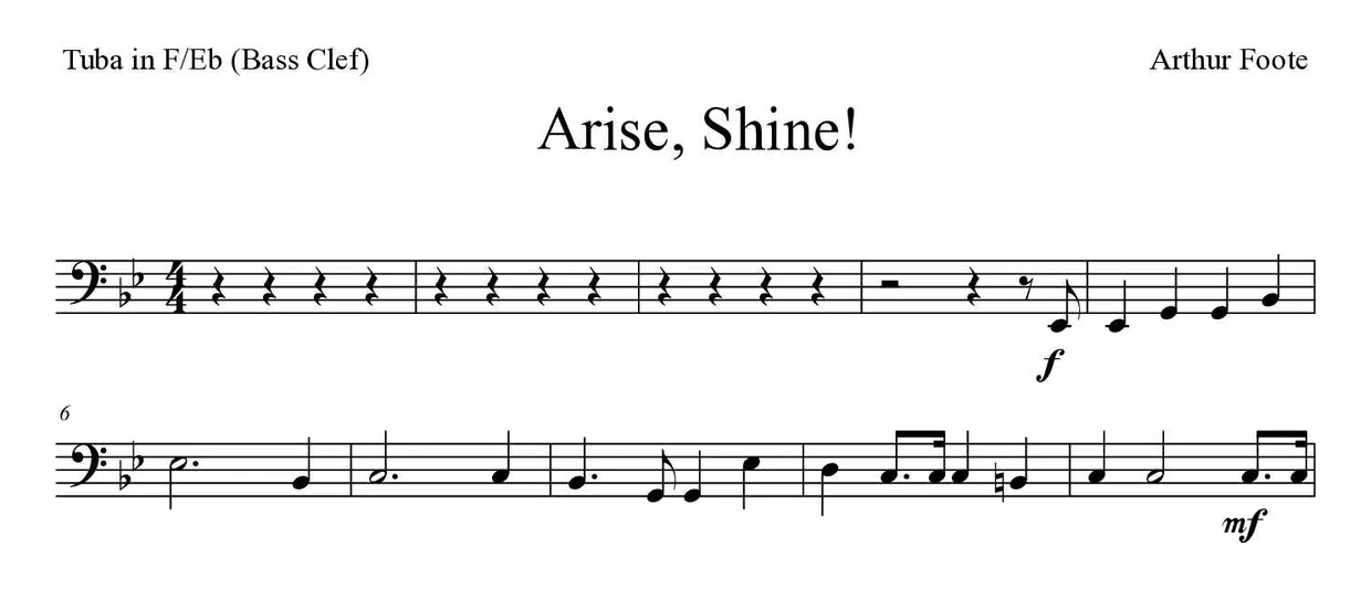 Sheet music of Arise, Shine! for tuba in F/Eb (bass clef) (Hard), first lines